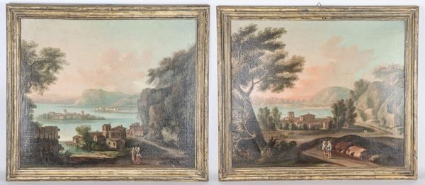 Scuola Veneta Seconda Met&#224; XVIII Secolo - "Paesaggi con vedute del Lago Maggiore, contadini e viandanti"
