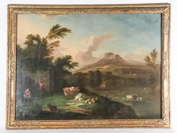 Francesco Zuccarelli - Bottega di. "Paesaggio con pastori, armenti e greggi"