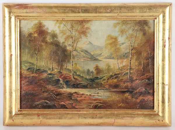 Scuola Italiana Fine XIX Secolo - "Paesaggio alpino con bosco e corso d'acqua"