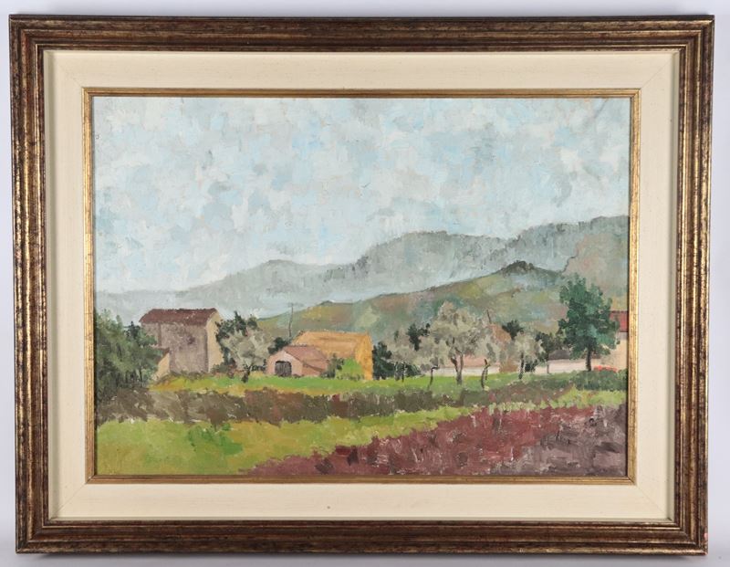 "Paesaggio con montagne e case contadine"