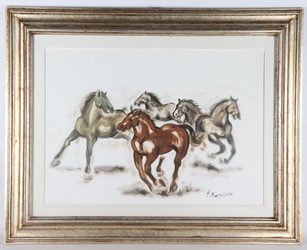 Pittore Italiano Inizio XX Secolo - Firmato. "Cavalli selvaggi"