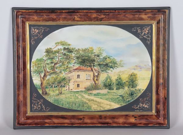 Mattonella in ceramica smaltata e dipinta "Veduta di villa di campagna"