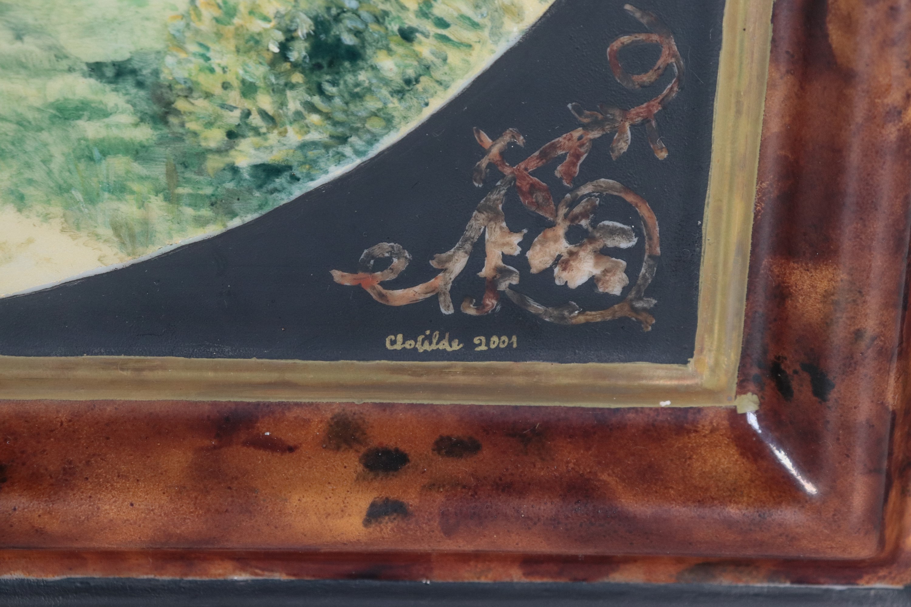 Mattonella in ceramica smaltata e dipinta "Veduta di villa di campagna"