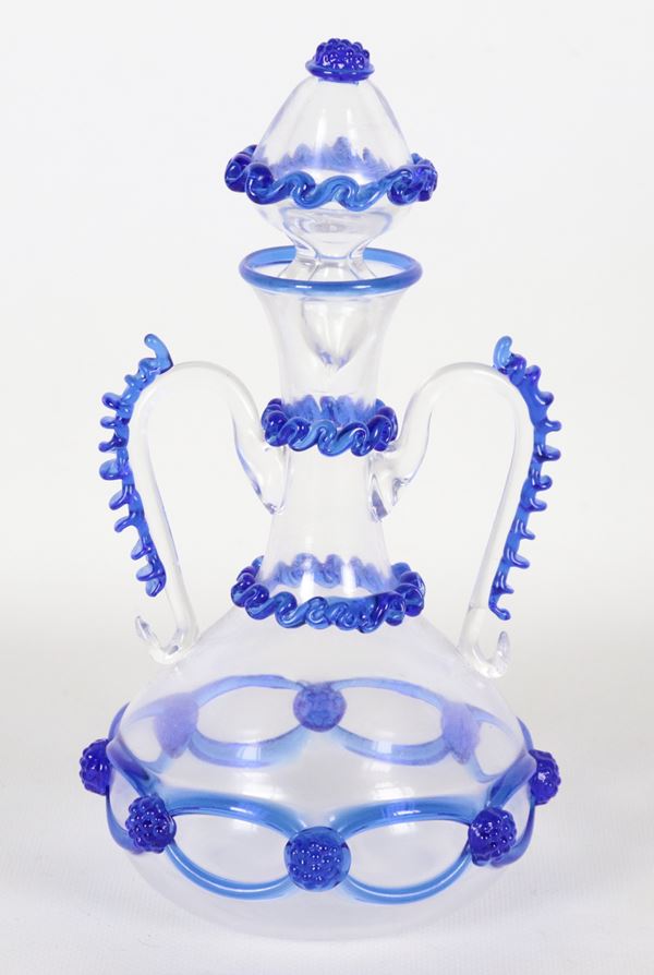 Antica ampolla in vetro trasparente con decori blu