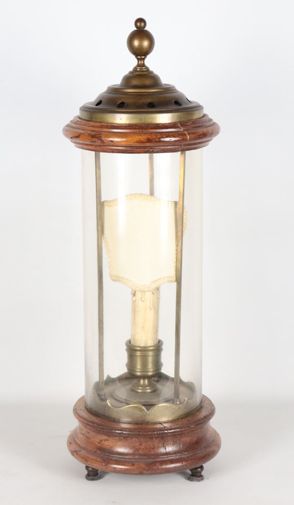 Lampada da nave in noce tornita, metallo dorato e cristallo 