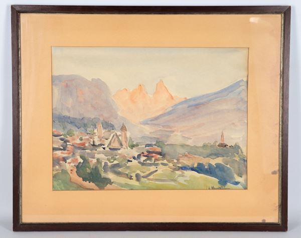 Pittore Italiano Inizio XX Secolo - Firmato. "Veduta di paese alpino"