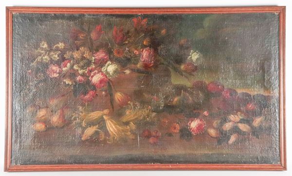Giuseppe Recco - Bottega di. "Natura morta di fiori, frutta e ortaggi"