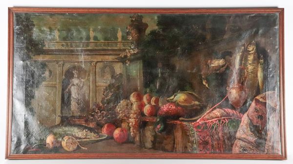 Pittore Italiano Inizio XIX Secolo - Firmato. "Natura morta con architetture, frutta, pesci e crostacei"