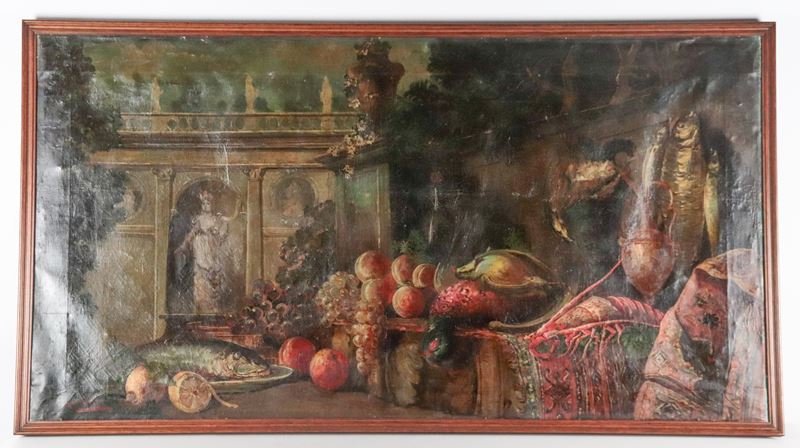 Firmato. "Natura morta con architetture, frutta, pesci e crostacei"