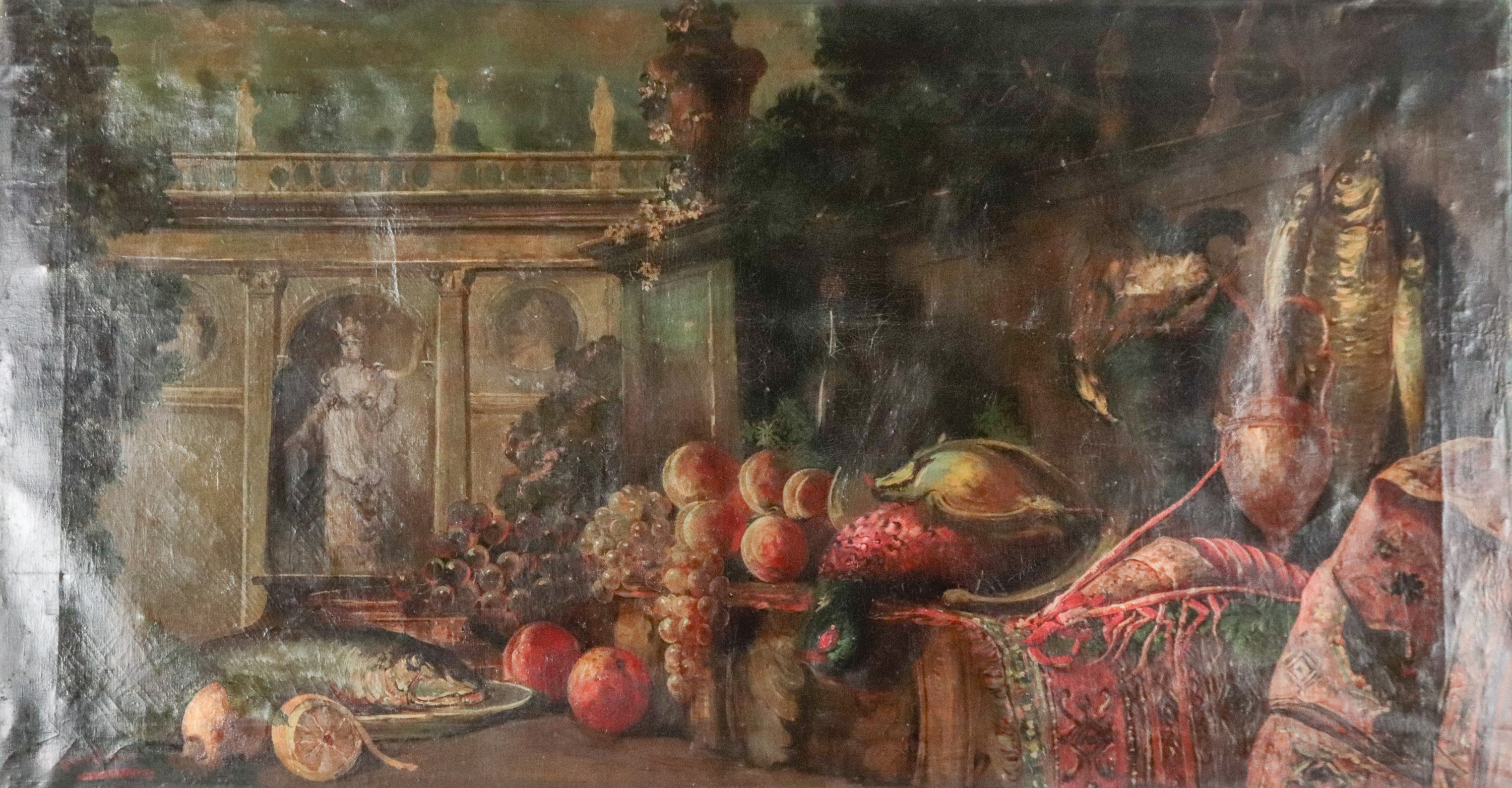 Firmato. "Natura morta con architetture, frutta, pesci e crostacei"