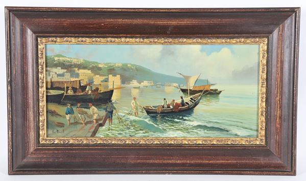 Pittore Napoletano XX Secolo - Firmato. "Veduta del Golfo di Napoli con barche e pescatori"