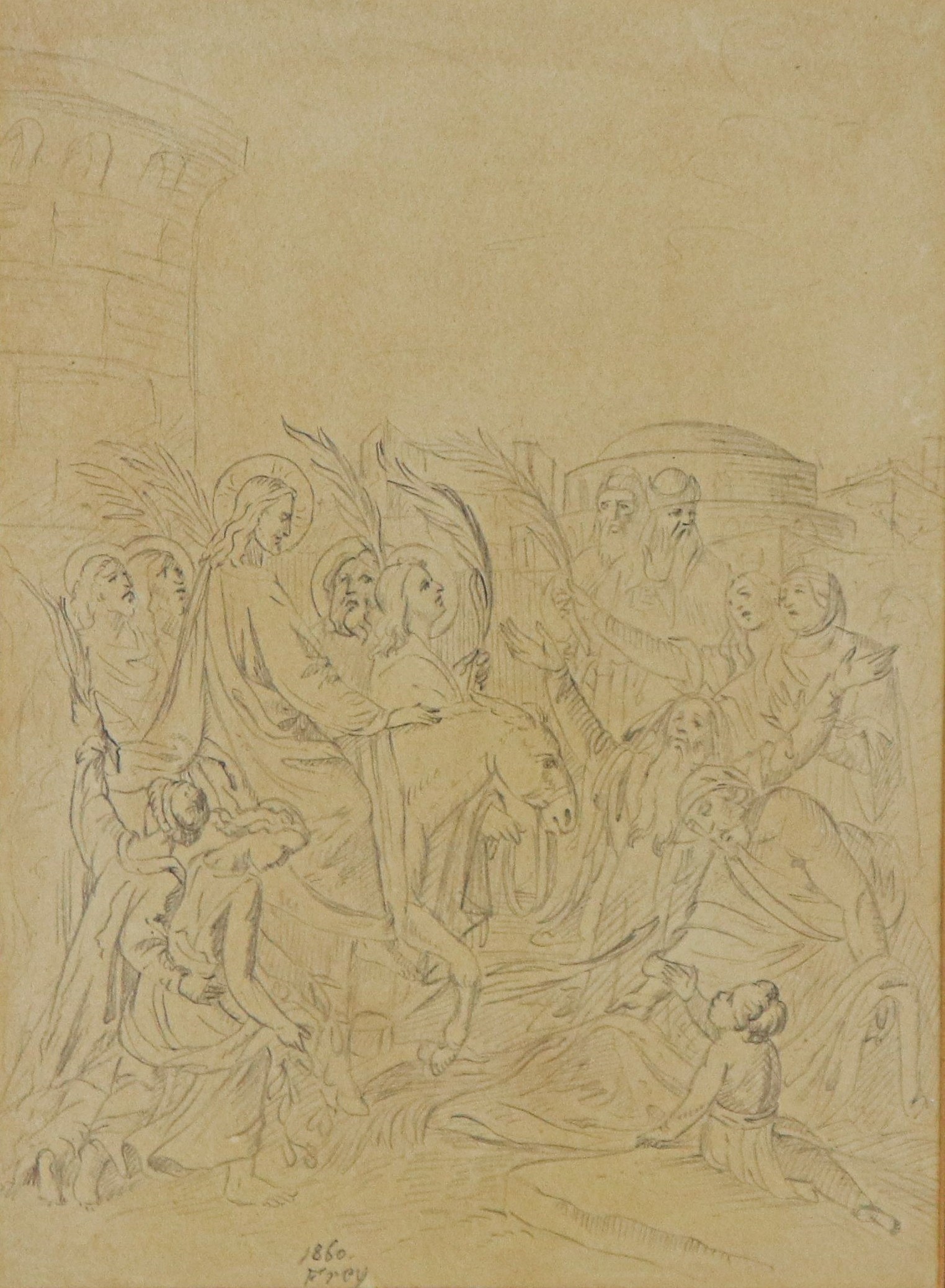 Firmato e datato 1860. "L'ingresso di Gesù a Gerusalemme"