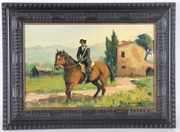 Giancarlo Carmignani - "Carabiniere a cavallo e casale di campagna"
