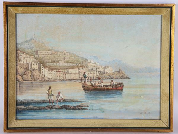 Consalvo Carelli - Firmato. "Veduta della Costiera Amalfitana con barche e pescatori"