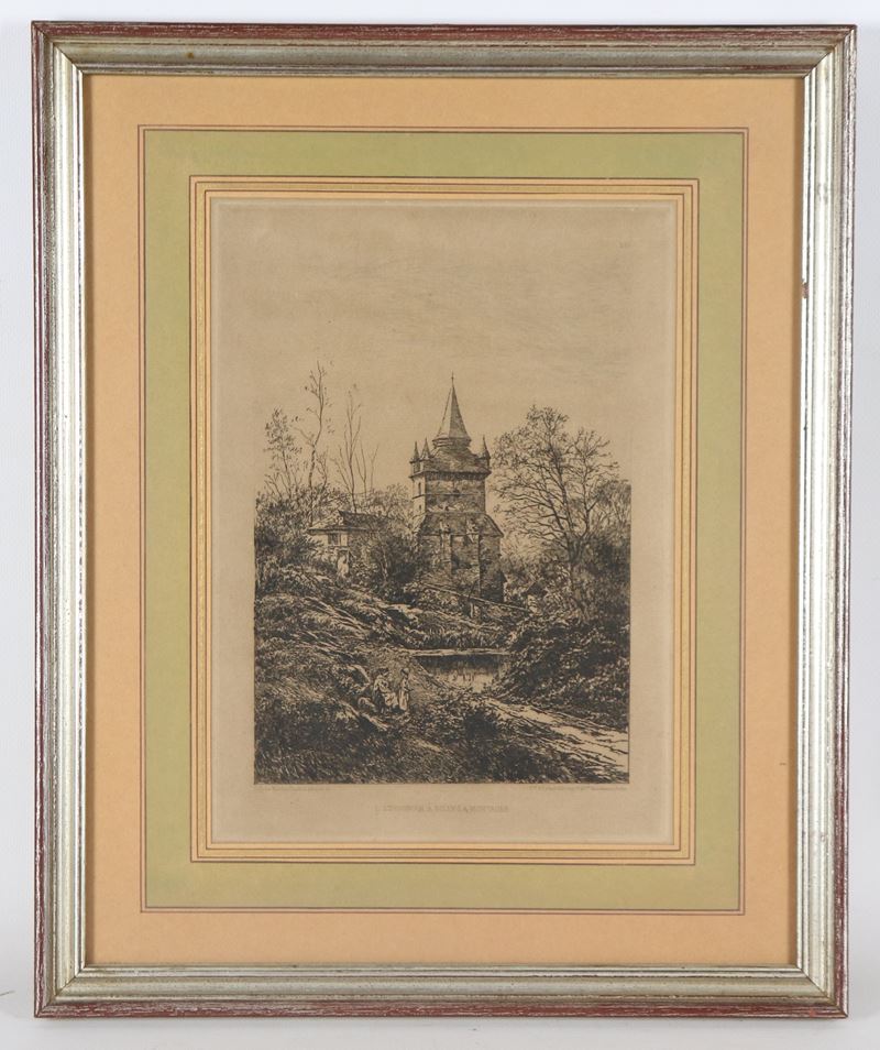 "Paesaggio con torre e corso d'acqua"