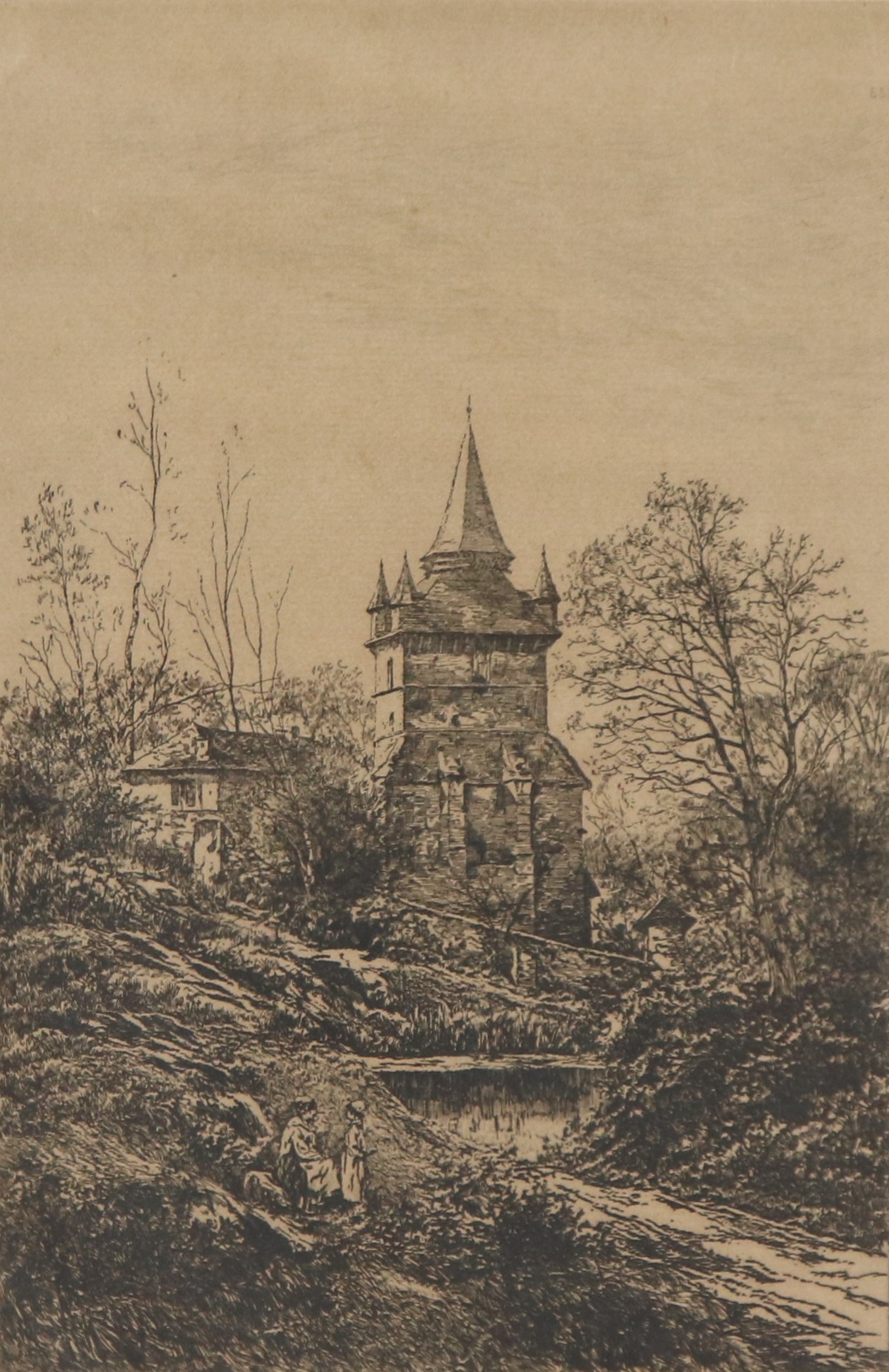 "Paesaggio con torre e corso d'acqua"