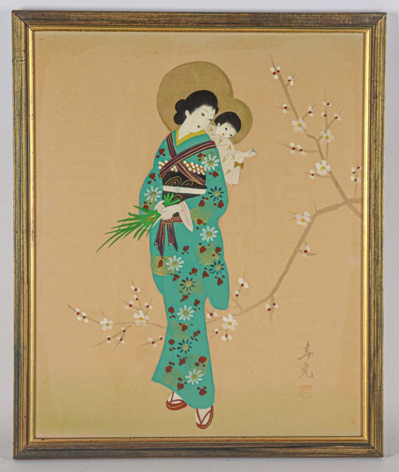 "Mamma con figlioletto", dipinto giapponese su seta, siglato