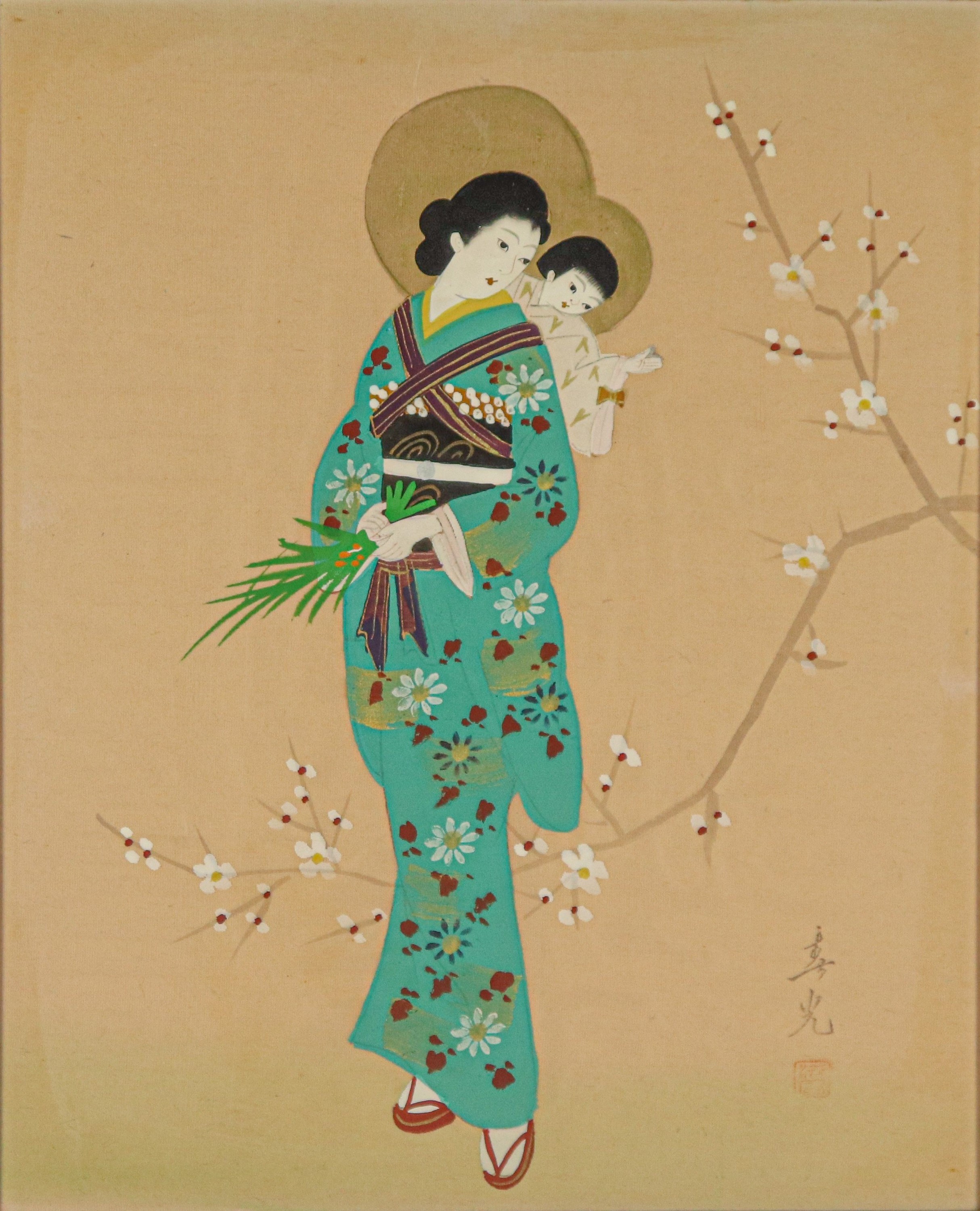 "Mamma con figlioletto", dipinto giapponese su seta, siglato