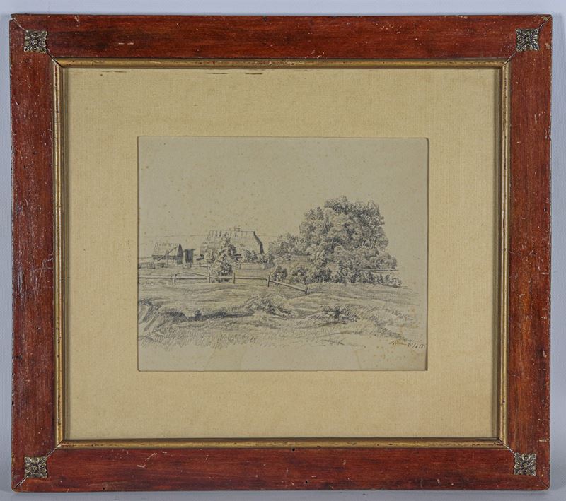 Firmato. "Paesaggio con case contadine"