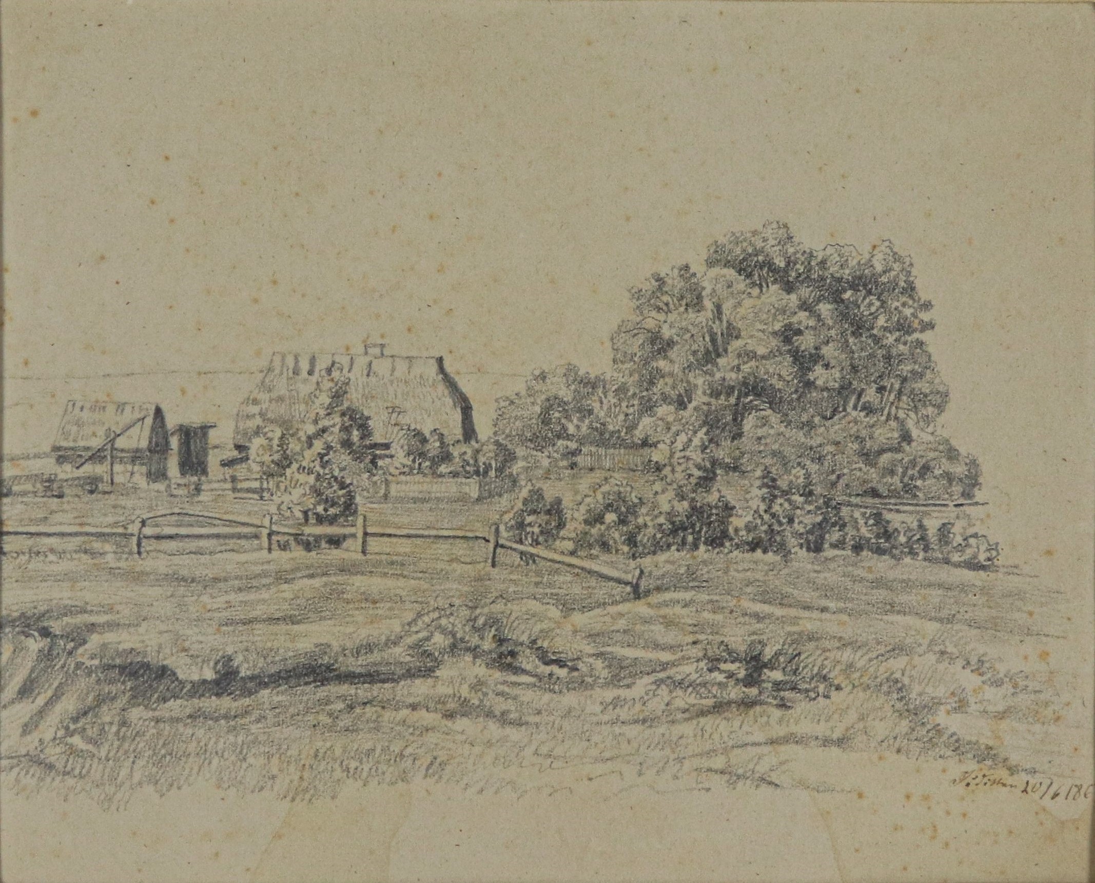 Firmato. "Paesaggio con case contadine"