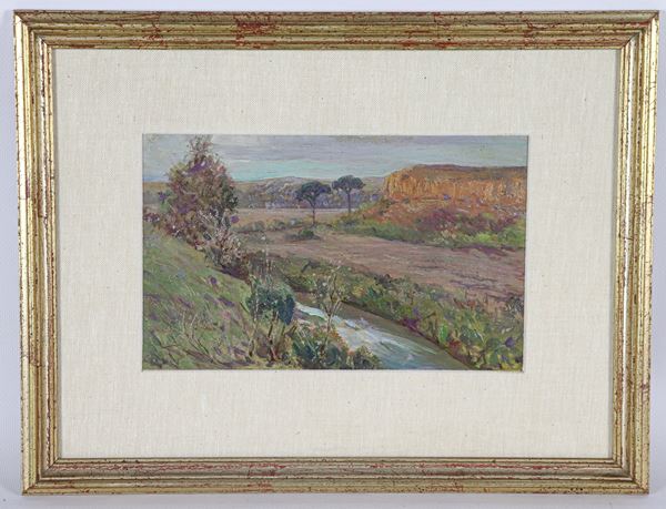 Pittore Italiano Inizio XX Secolo - "Veduta della campagna romana con corso d'acqua"
