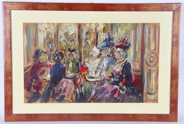 Stellario Baccellieri - Firmato, iscritto e datato Venezia 1999. "Carnevale al Caffè Florian"
