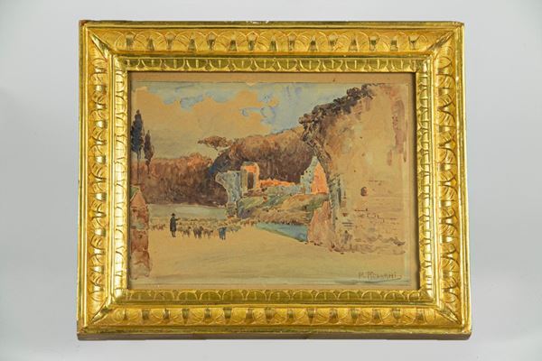 Pittore Italiano Fine XIX - Inizio XX Secolo - &quot;Ruderi nella campagna romana con pastore e gregge&quot;. Firmato. 