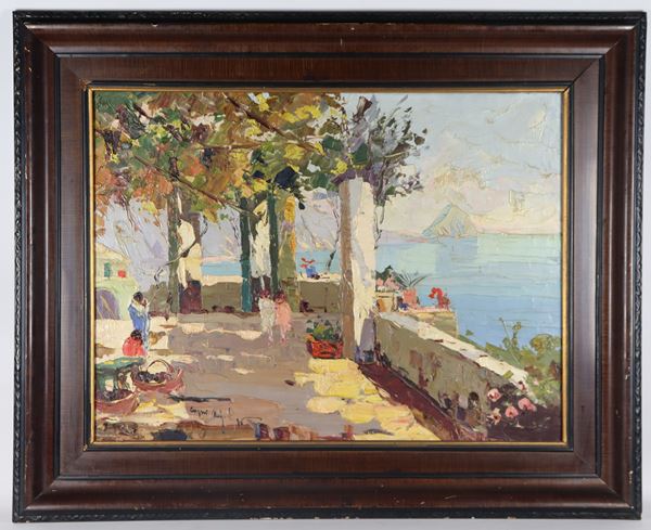 Pittore Italiano Post-Impressionista - Firmato e iscritto Capri. "Terrazza a Capri"