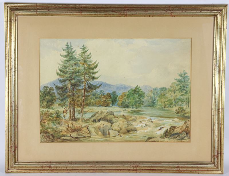 Firmato. "Paesaggio alpino con contadino, bosco e corso d'acqua"