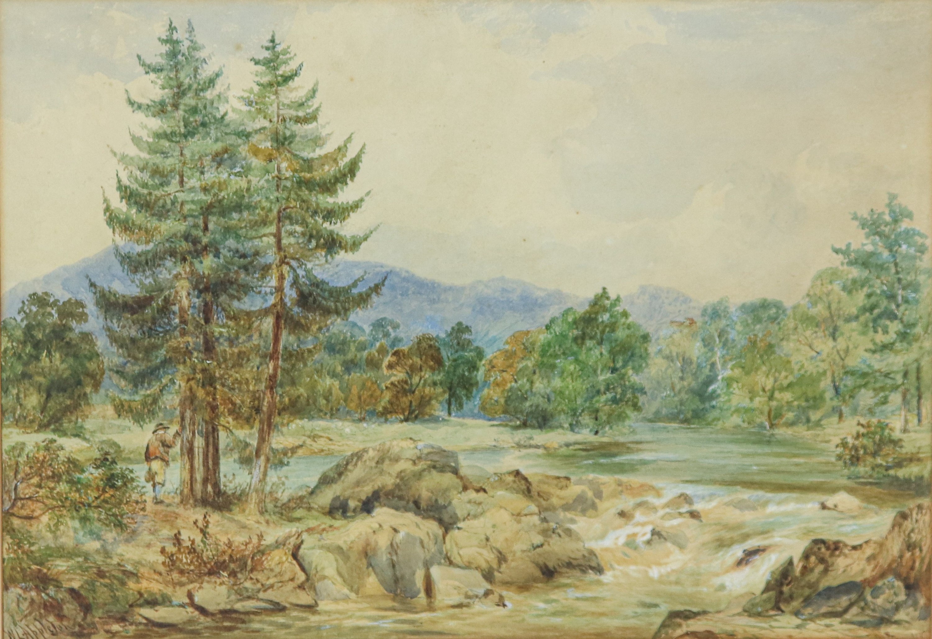 Firmato. "Paesaggio alpino con contadino, bosco e corso d'acqua"