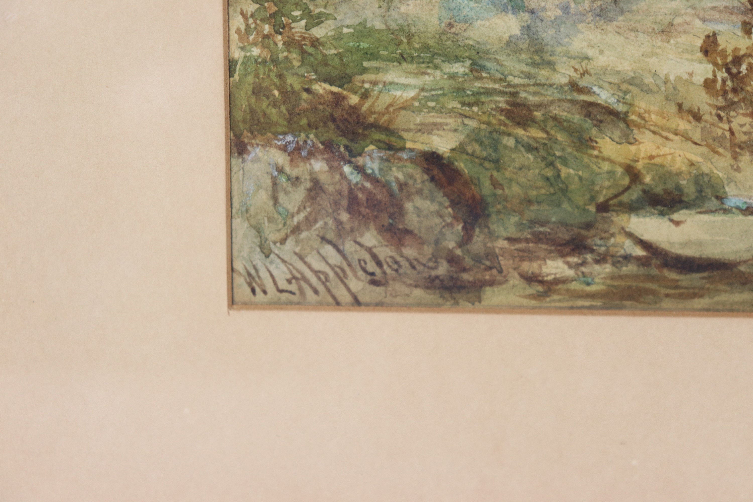 Firmato. "Paesaggio alpino con contadino, bosco e corso d'acqua"