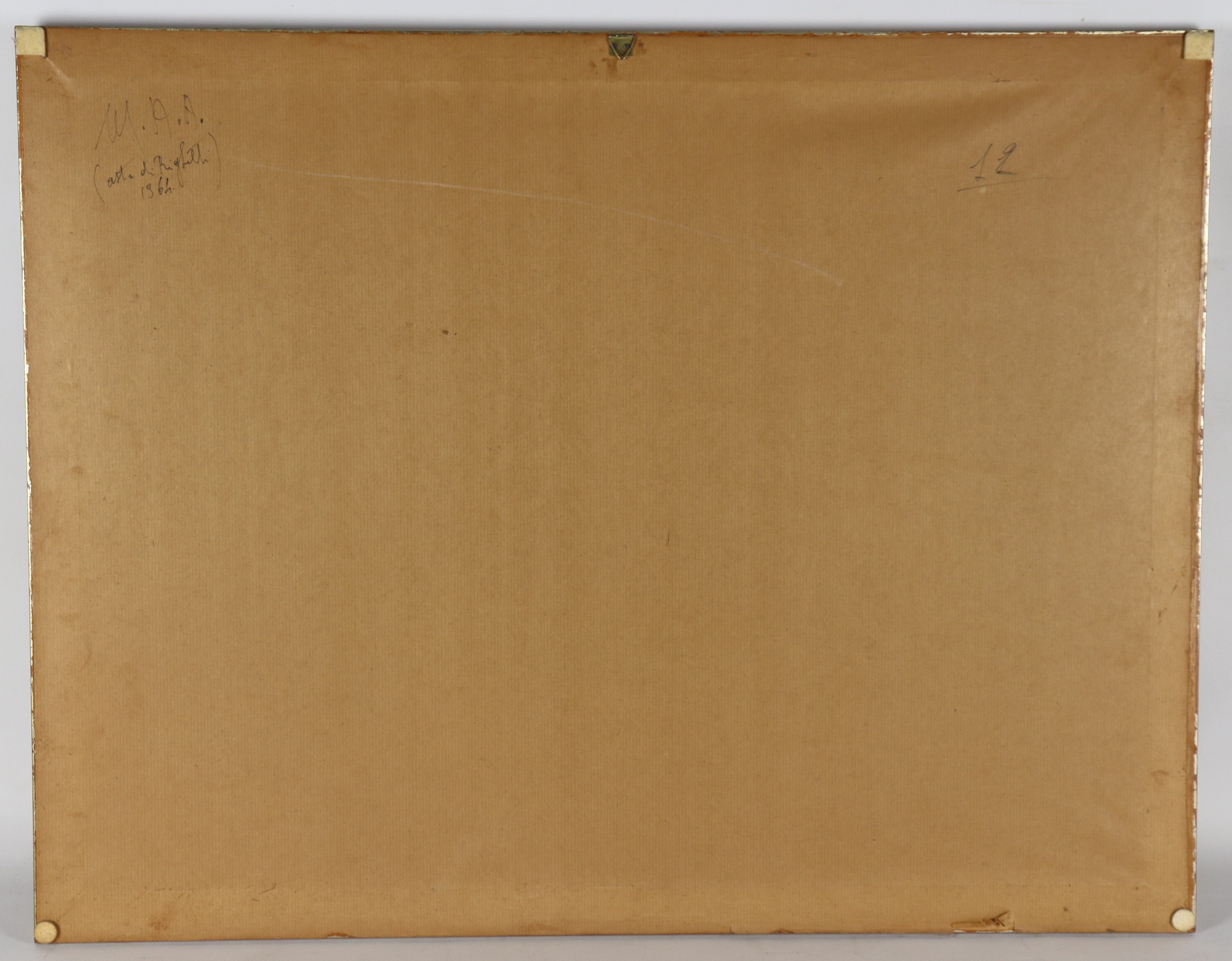 Firmato. "Paesaggio alpino con contadino, bosco e corso d'acqua"