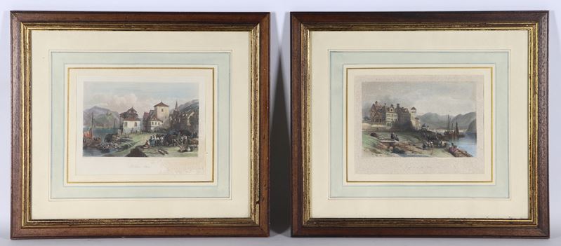 "Vedute di porticcioli con case e personaggi"