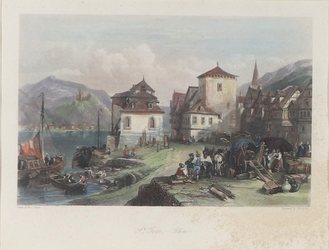 "Vedute di porticcioli con case e personaggi"