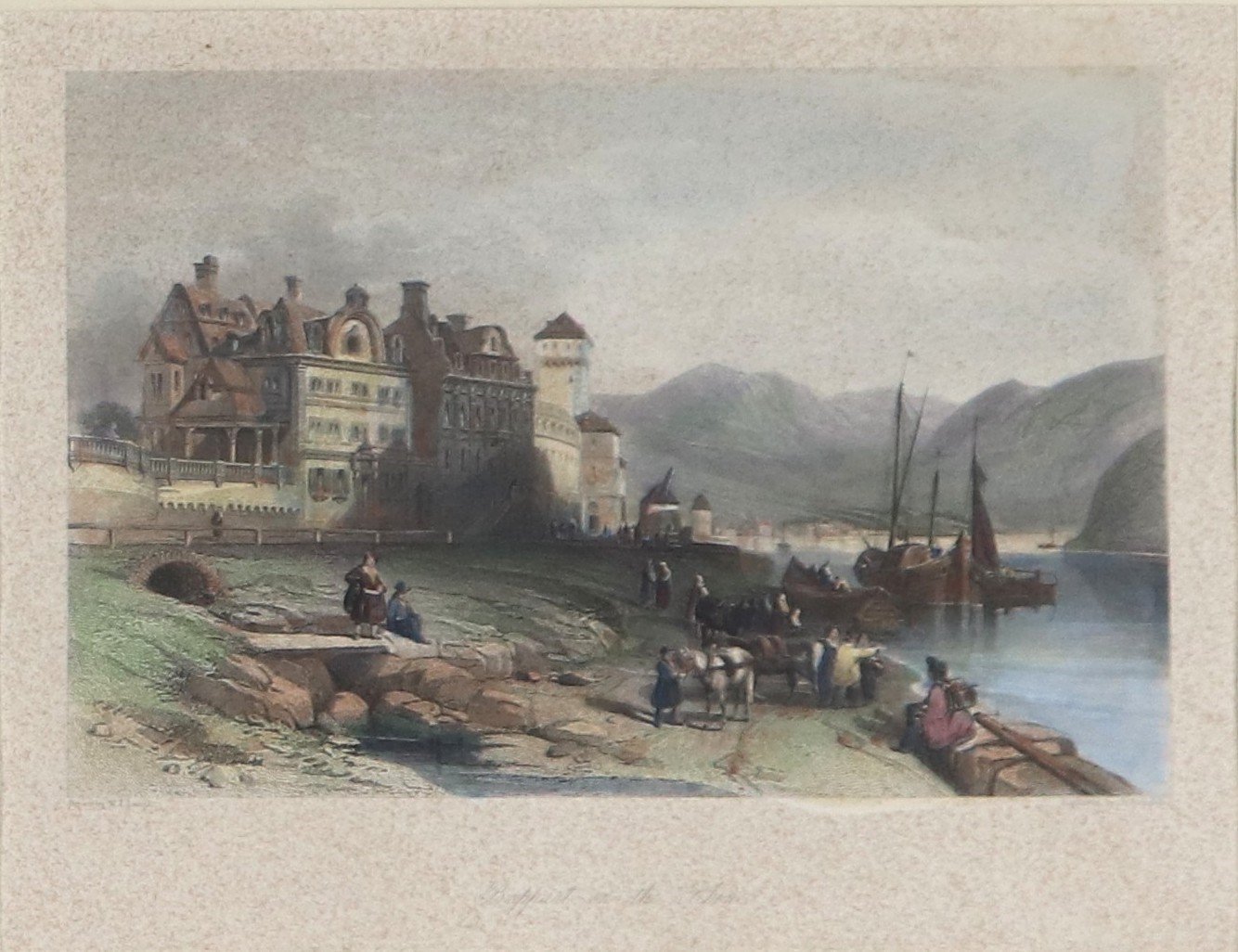 "Vedute di porticcioli con case e personaggi"