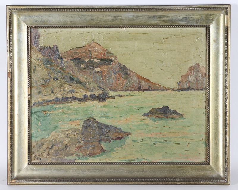 Siglato e datato 1923. "Marina con veduta di costa"