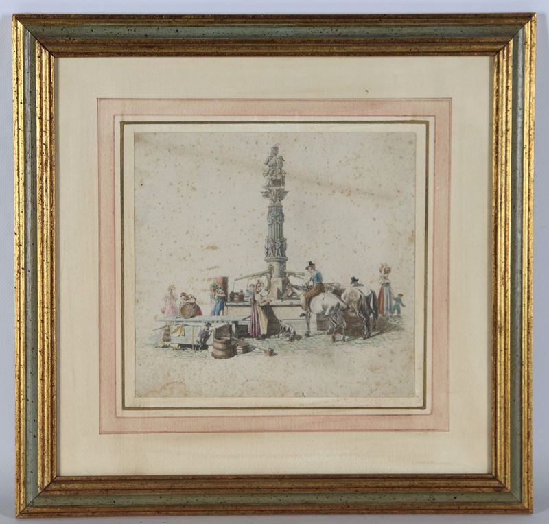 "La fontana Kindlifresserbrunnen a Berna con popolani e contadini"