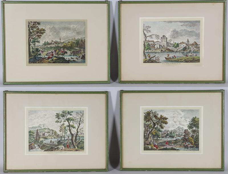 Lotto di quattro piccole stampe francesi acquarellate "Paesaggi con personaggi"