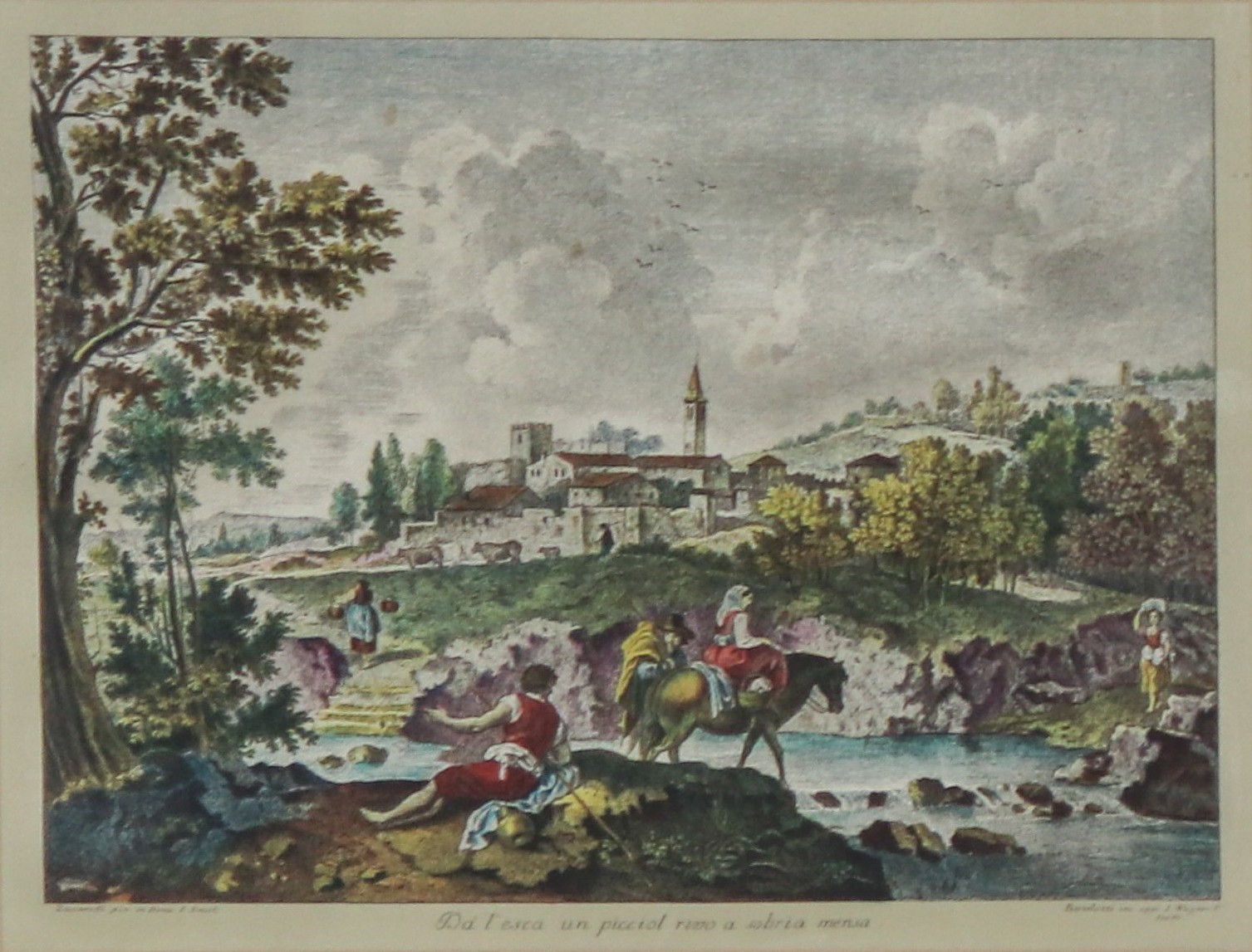 Lotto di quattro piccole stampe francesi acquarellate "Paesaggi con personaggi"