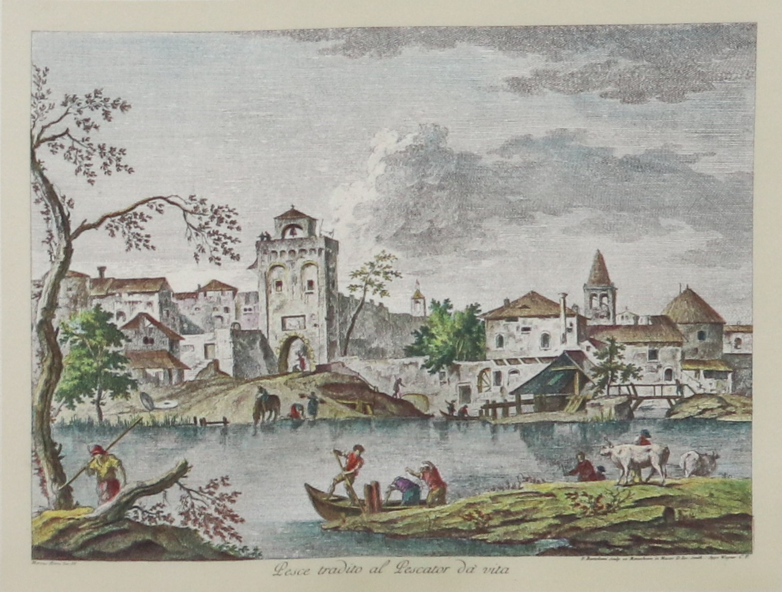 Lotto di quattro piccole stampe francesi acquarellate "Paesaggi con personaggi"