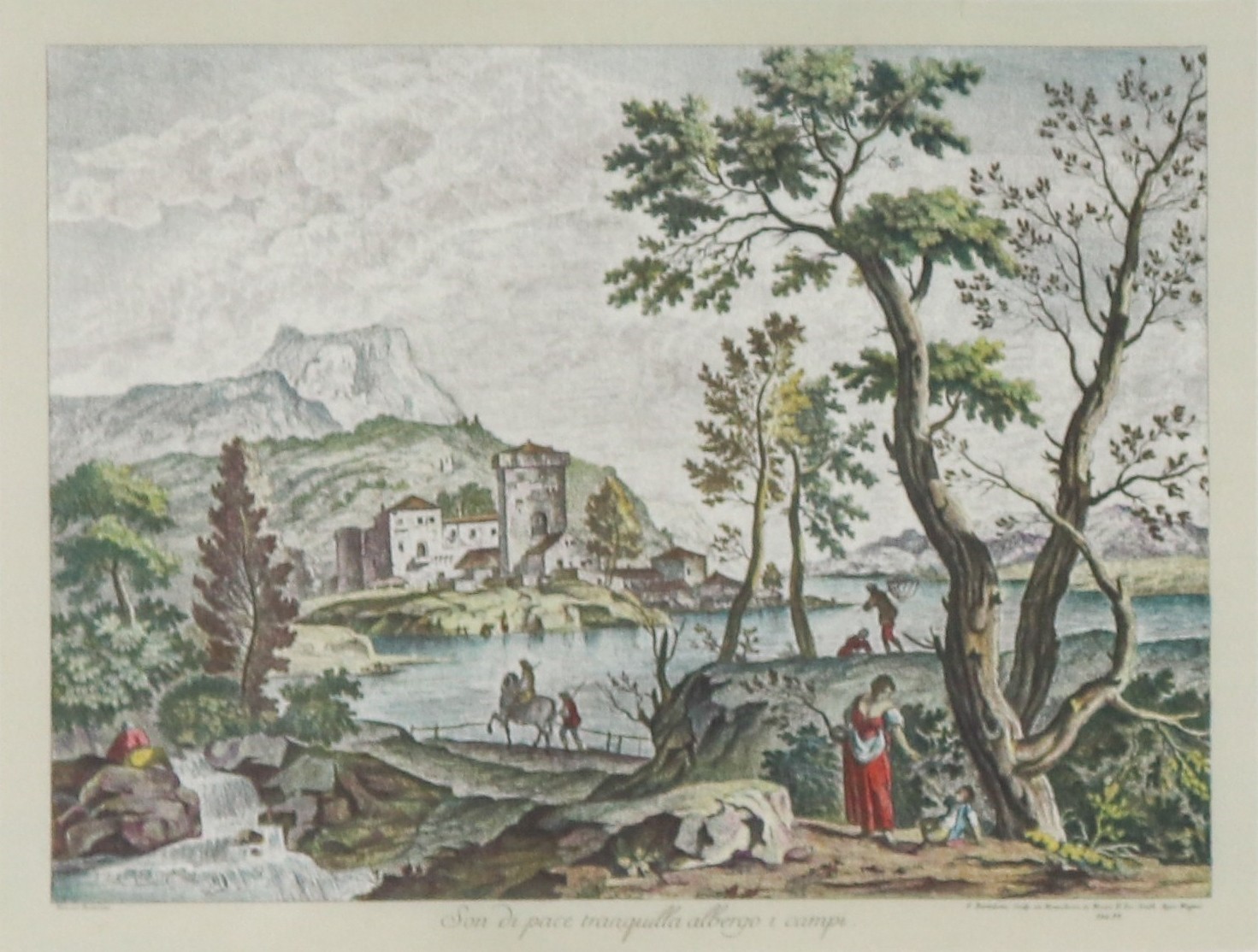 Lotto di quattro piccole stampe francesi acquarellate "Paesaggi con personaggi"