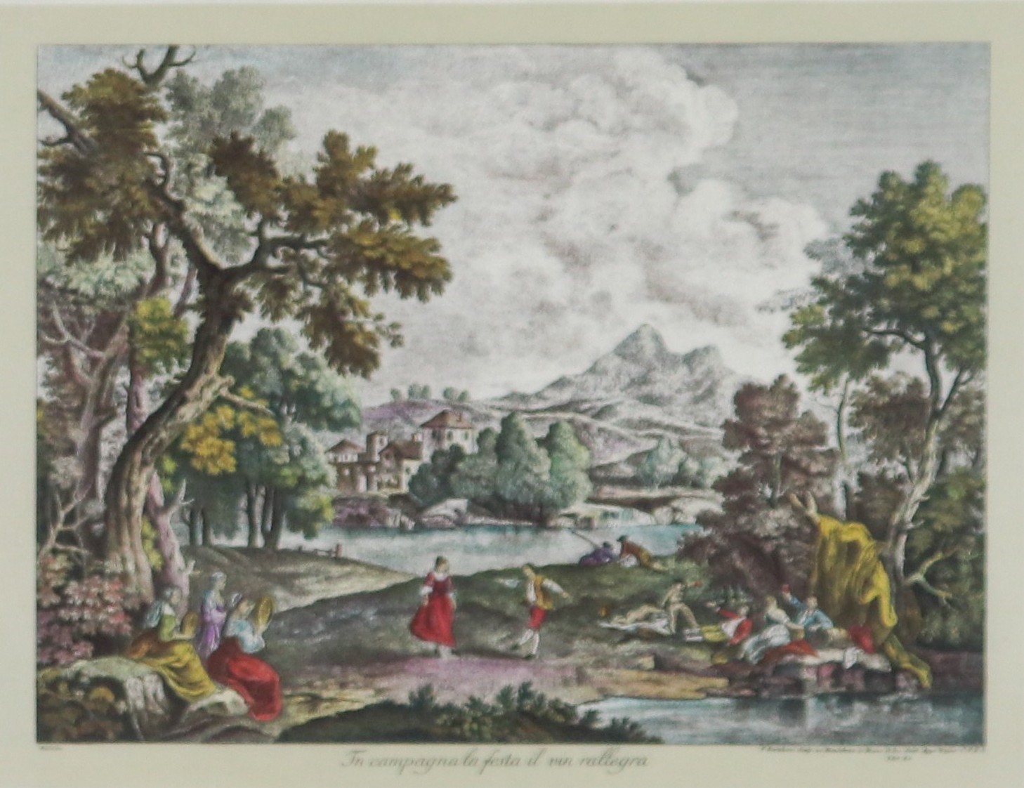 Lotto di quattro piccole stampe francesi acquarellate "Paesaggi con personaggi"