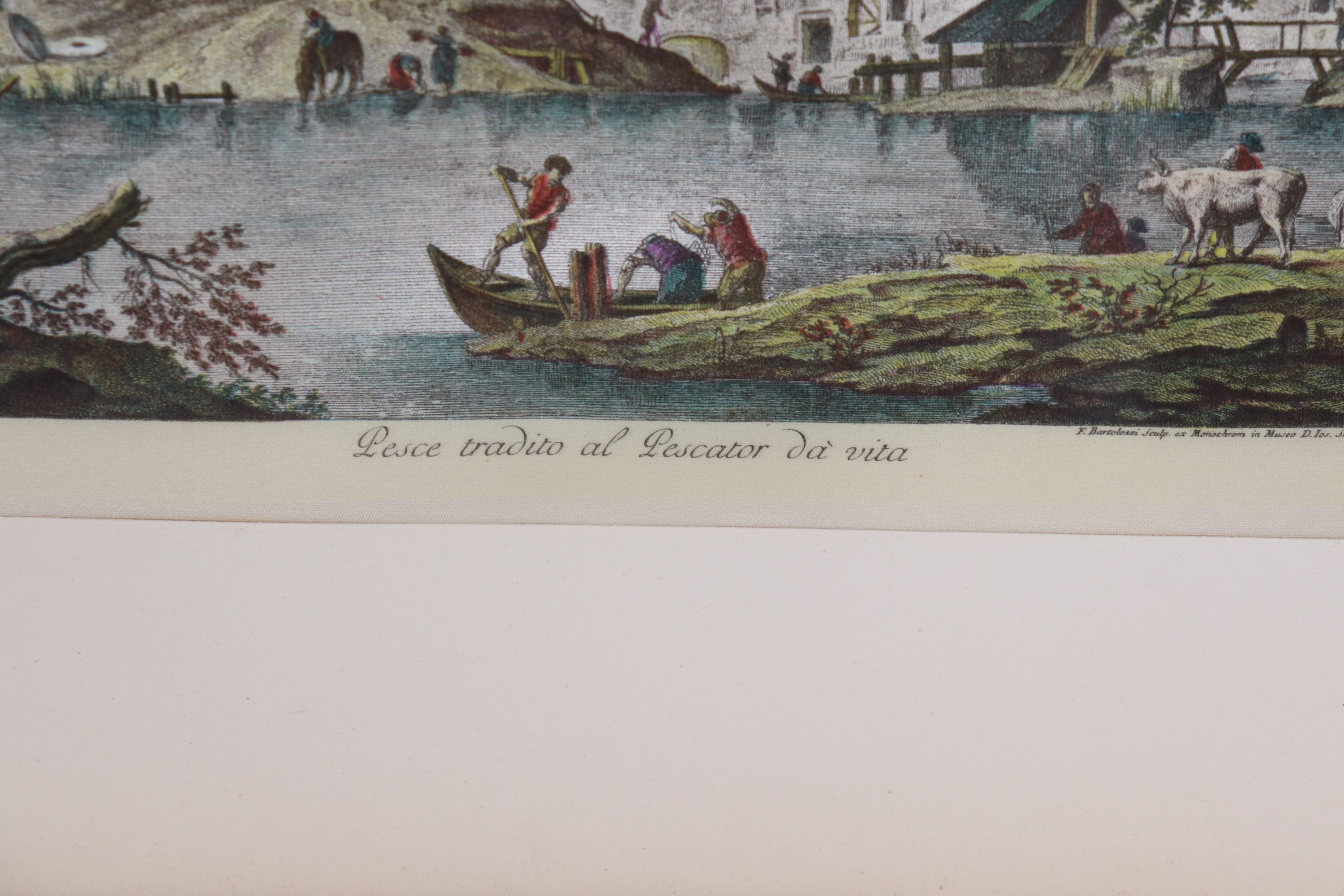 Lotto di quattro piccole stampe francesi acquarellate "Paesaggi con personaggi"