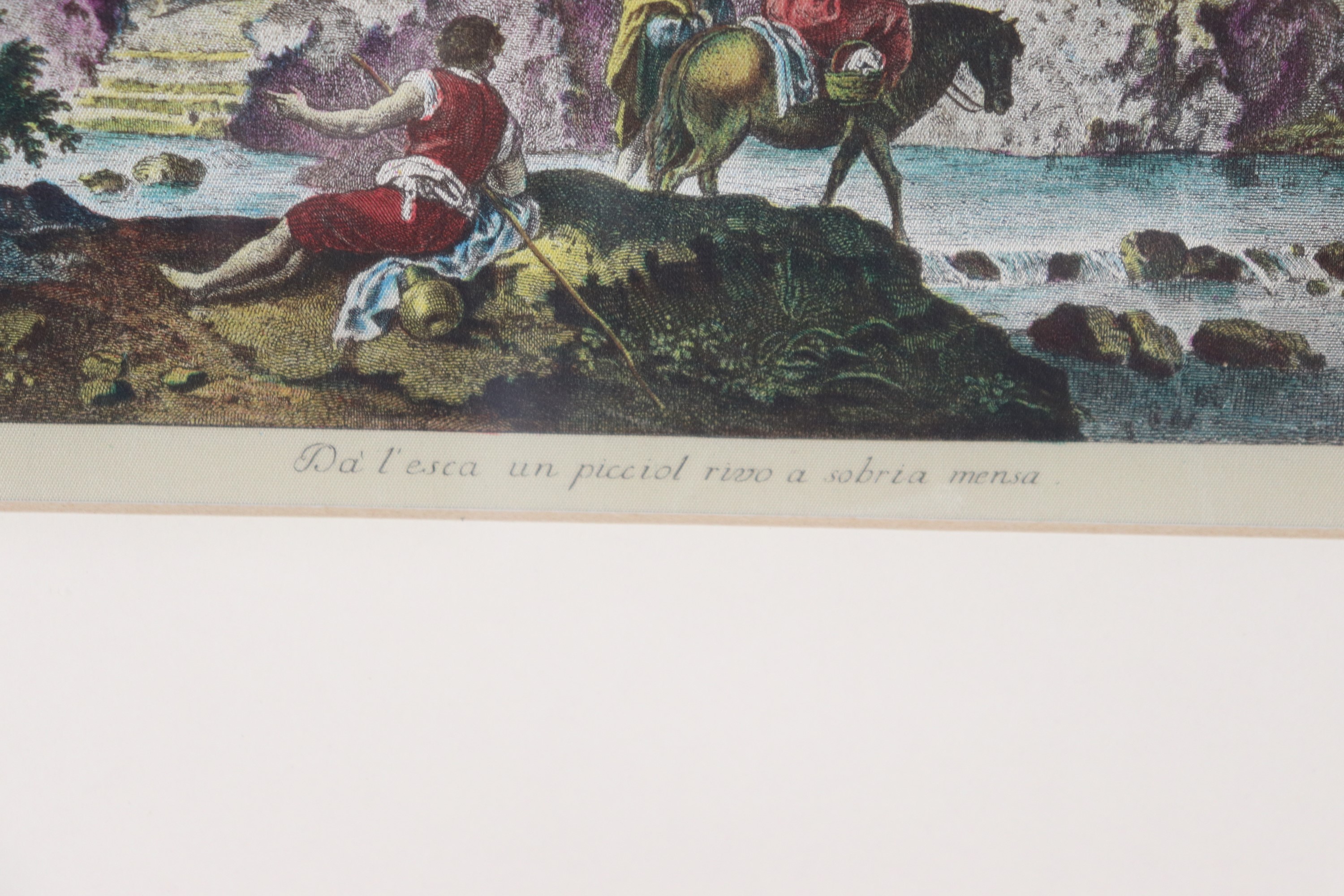 Lotto di quattro piccole stampe francesi acquarellate "Paesaggi con personaggi"