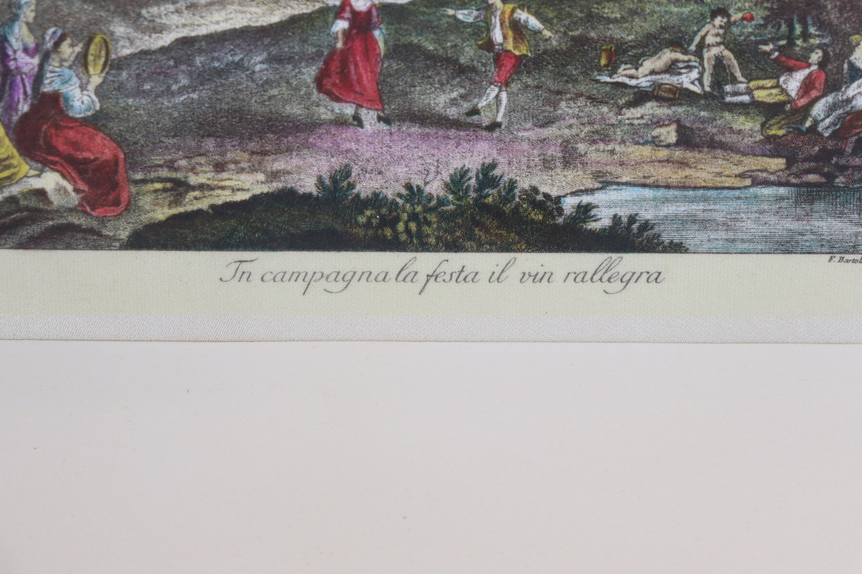 Lotto di quattro piccole stampe francesi acquarellate "Paesaggi con personaggi"