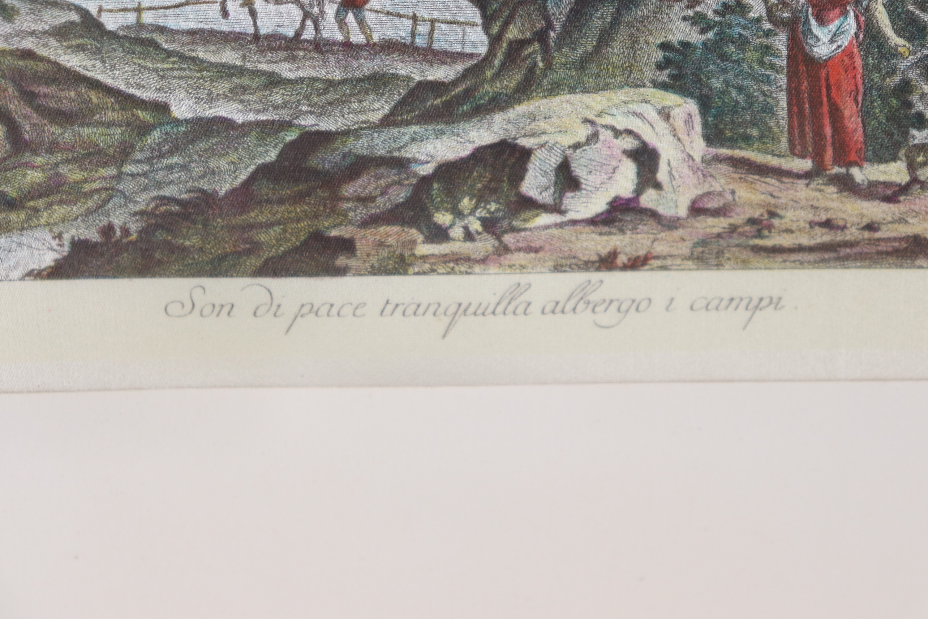 Lotto di quattro piccole stampe francesi acquarellate "Paesaggi con personaggi"