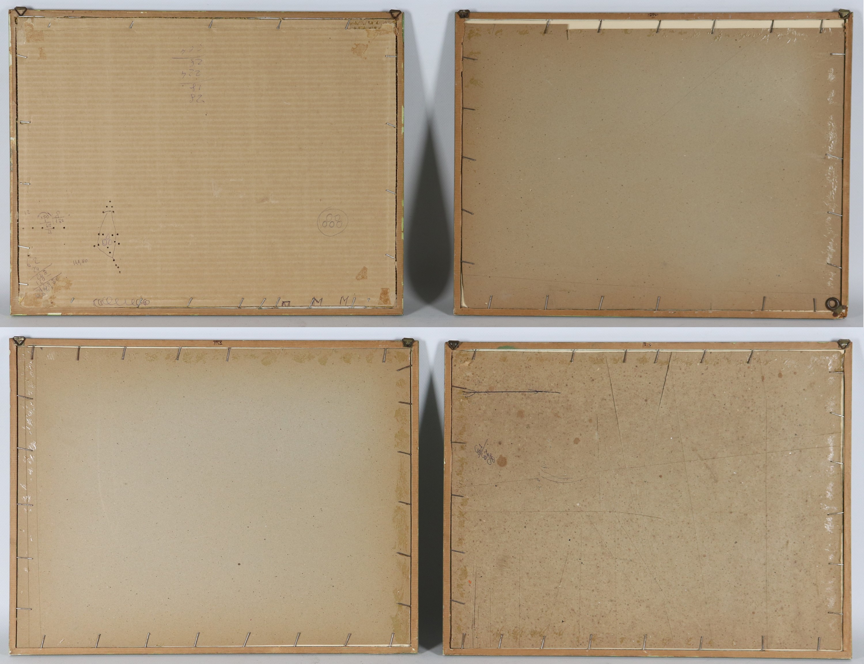 Lotto di quattro piccole stampe francesi acquarellate "Paesaggi con personaggi"