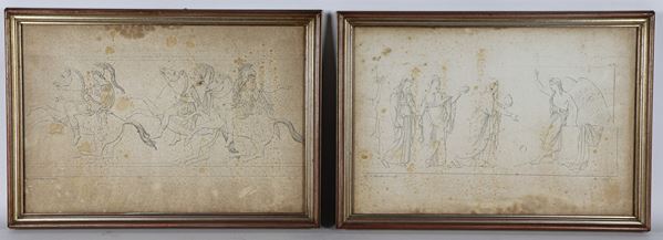 Bertel Thorvaldsen,Francesco Garzoli attivo a Roma Prima Met&#224; XIX Secolo - "Studi di bassorilievi di Bertel Thorvaldsen", coppia di antiche acqueforti incise da Francesco Garzoli 