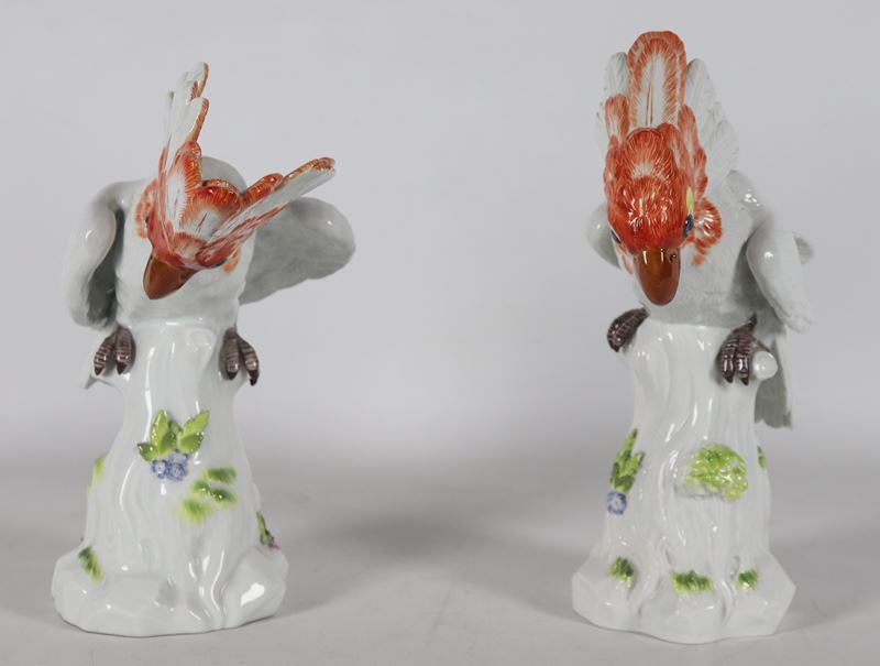 "Cacatua", coppia di sculture in porcellana Meissen smaltata e policroma