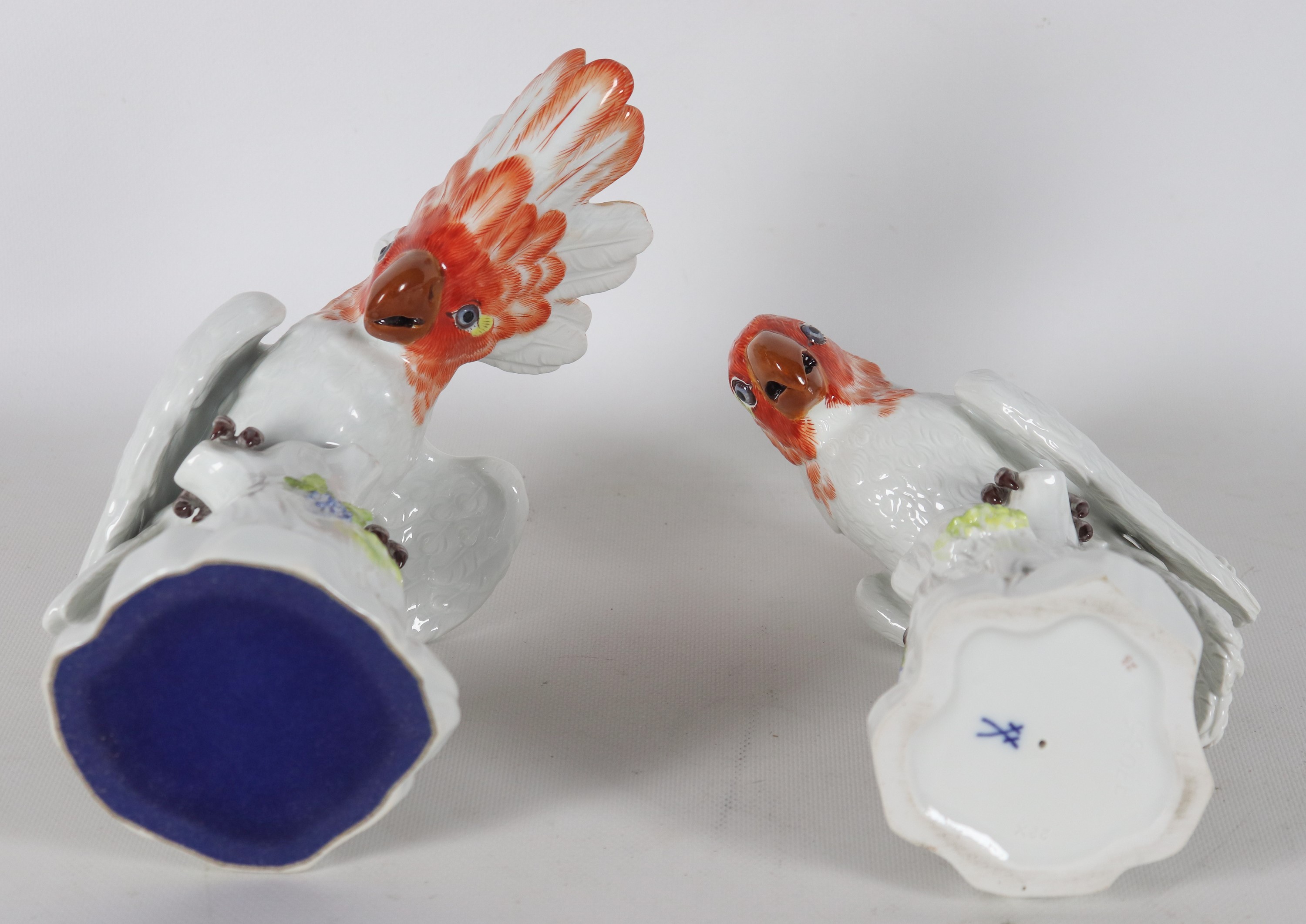 "Cacatua", coppia di sculture in porcellana Meissen smaltata e policroma